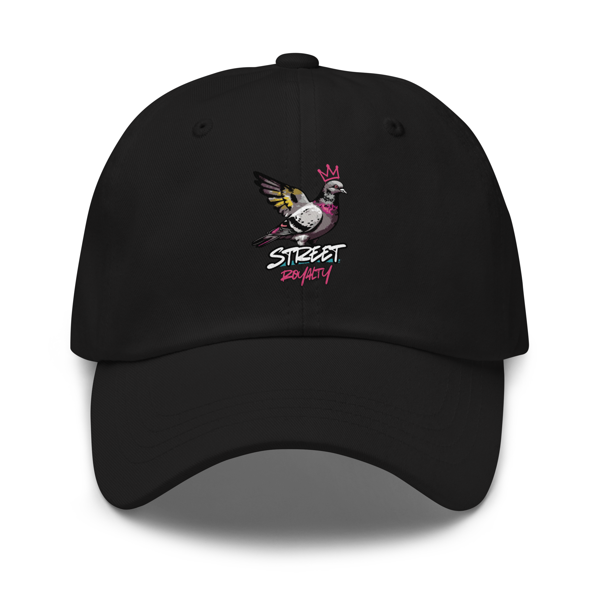 Street Royalty crowned pigeon artwork on a black classic dad hat, front view