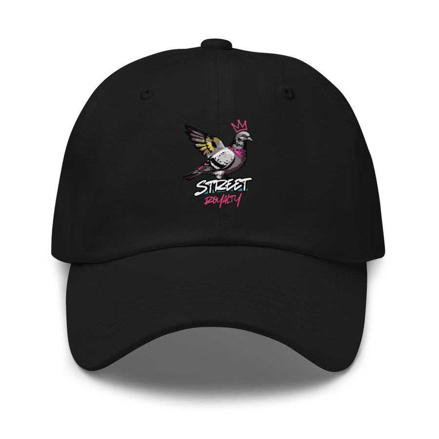 Street Royalty crowned pigeon artwork on a black classic dad hat, front view