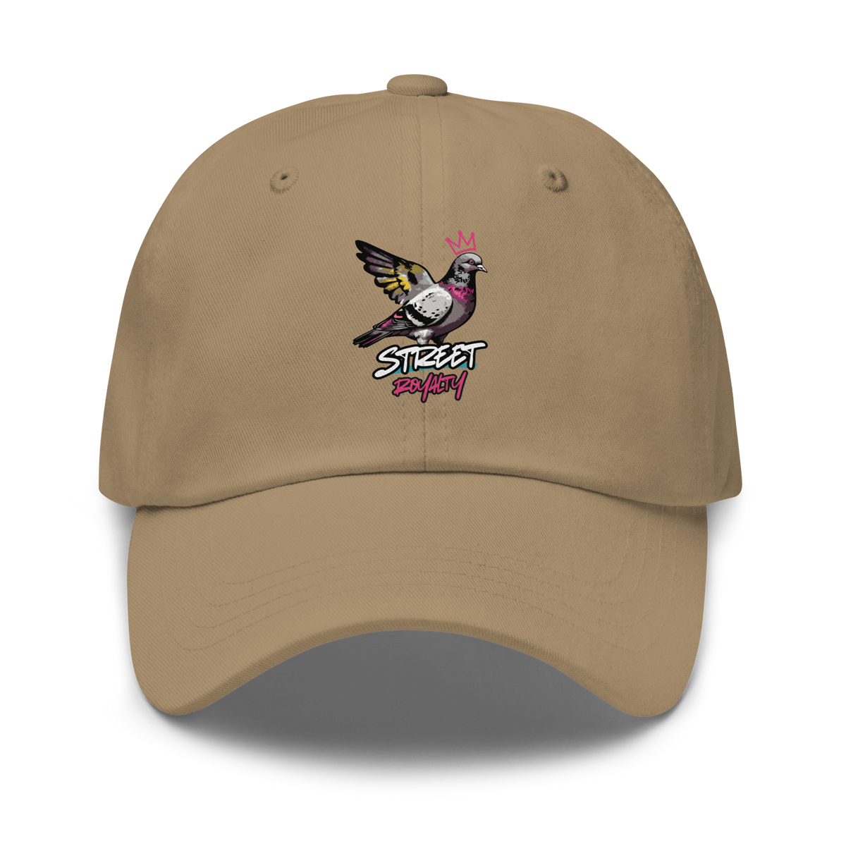 Street Royalty crowned pigeon artwork on a khaki classic dad hat, front view