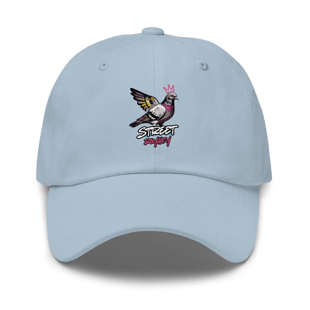 Street Royalty crowned pigeon artwork on a light blue classic dad hat, front view