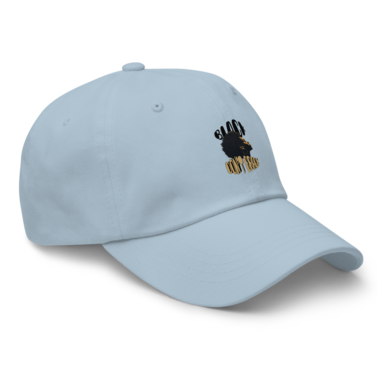 Black Don't Crack embroidered on a light blue dad hat, three-quarter front view