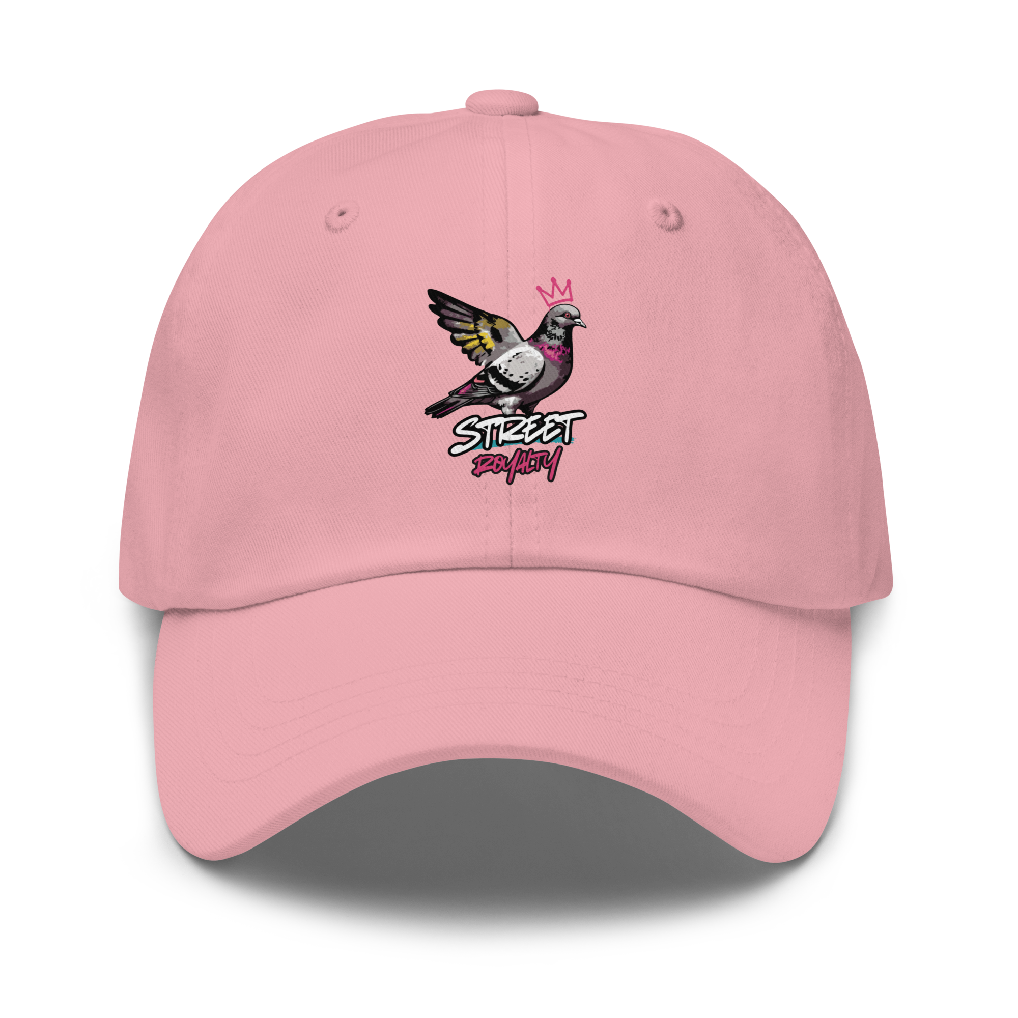 Street Royalty crowned pigeon artwork on a pink classic dad hat, front view