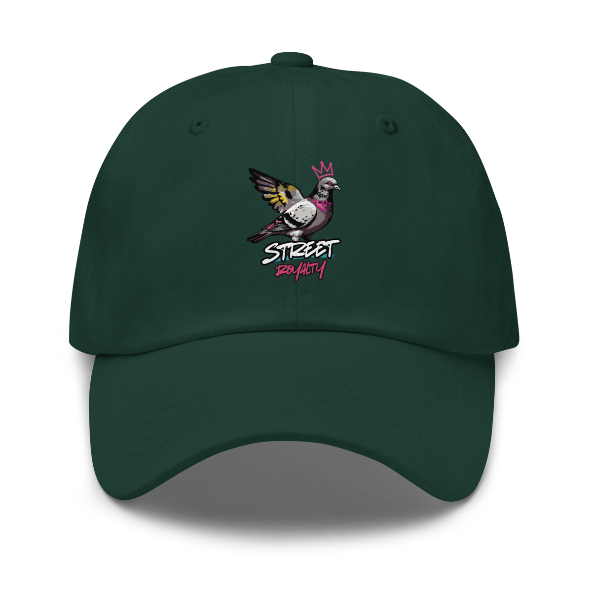 Street Royalty crowned pigeon artwork on a spruce classic dad hat, front view