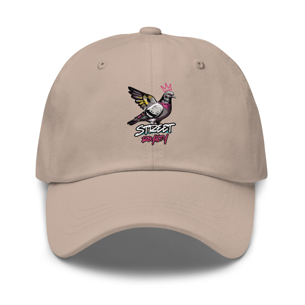 Street Royalty crowned pigeon artwork on a stone classic dad hat, front view