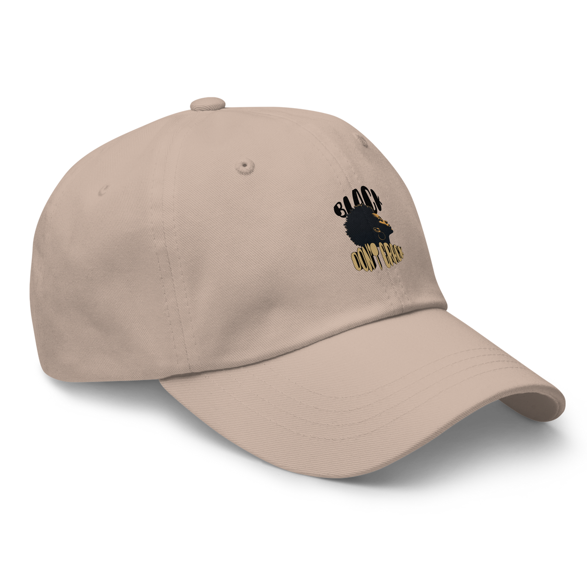 Black Don't Crack embroidered on a stone dad hat, three-quarter front view