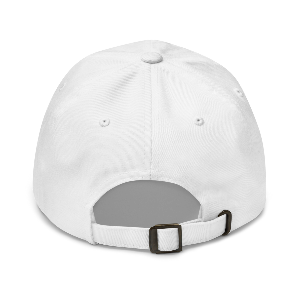 White dad hat, plain back view with adjustable strap