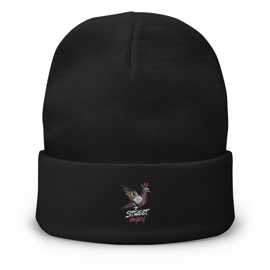 Street Royalty crowned pigeon embroidered on a black knit beanie, front view