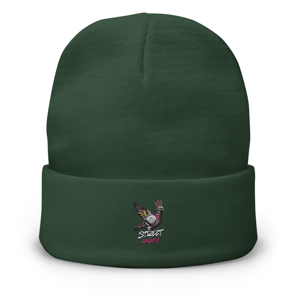 Street Royalty crowned pigeon embroidered on a dark green knit beanie, front view