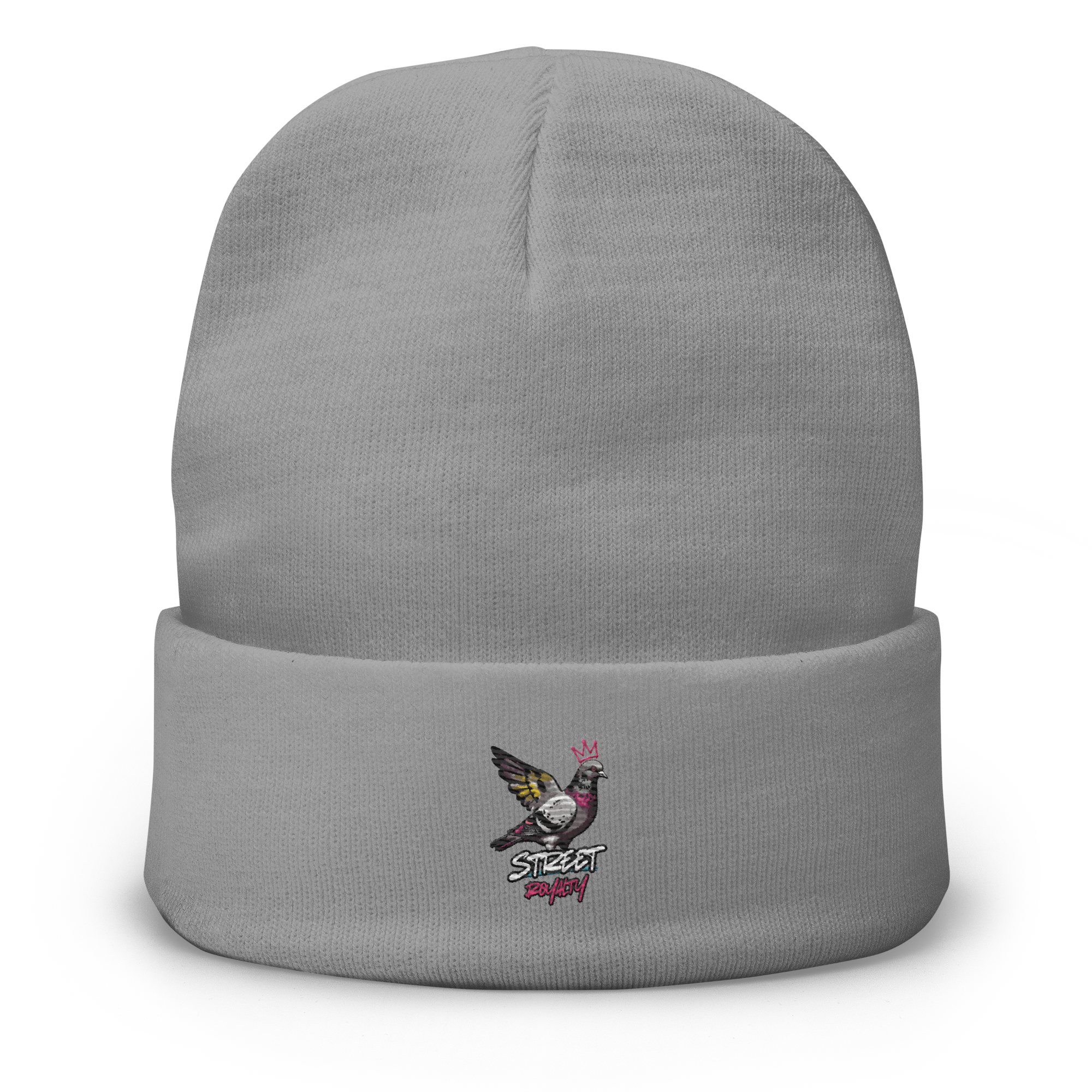 Street Royalty crowned pigeon embroidered on a gray knit beanie, front view