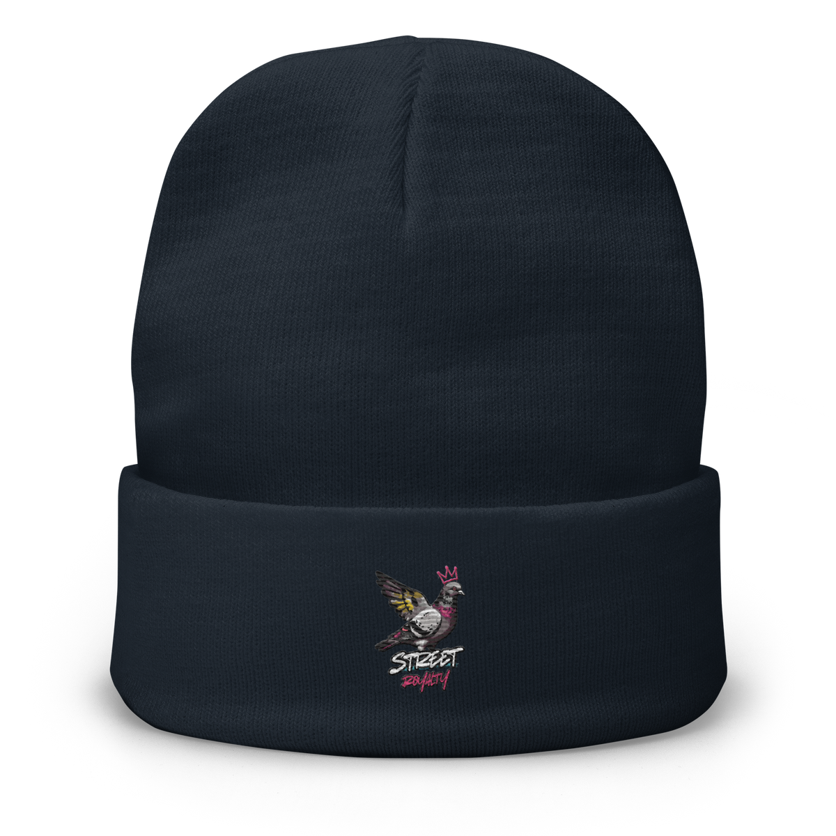 Street Royalty crowned pigeon embroidered on a navy knit beanie, front view