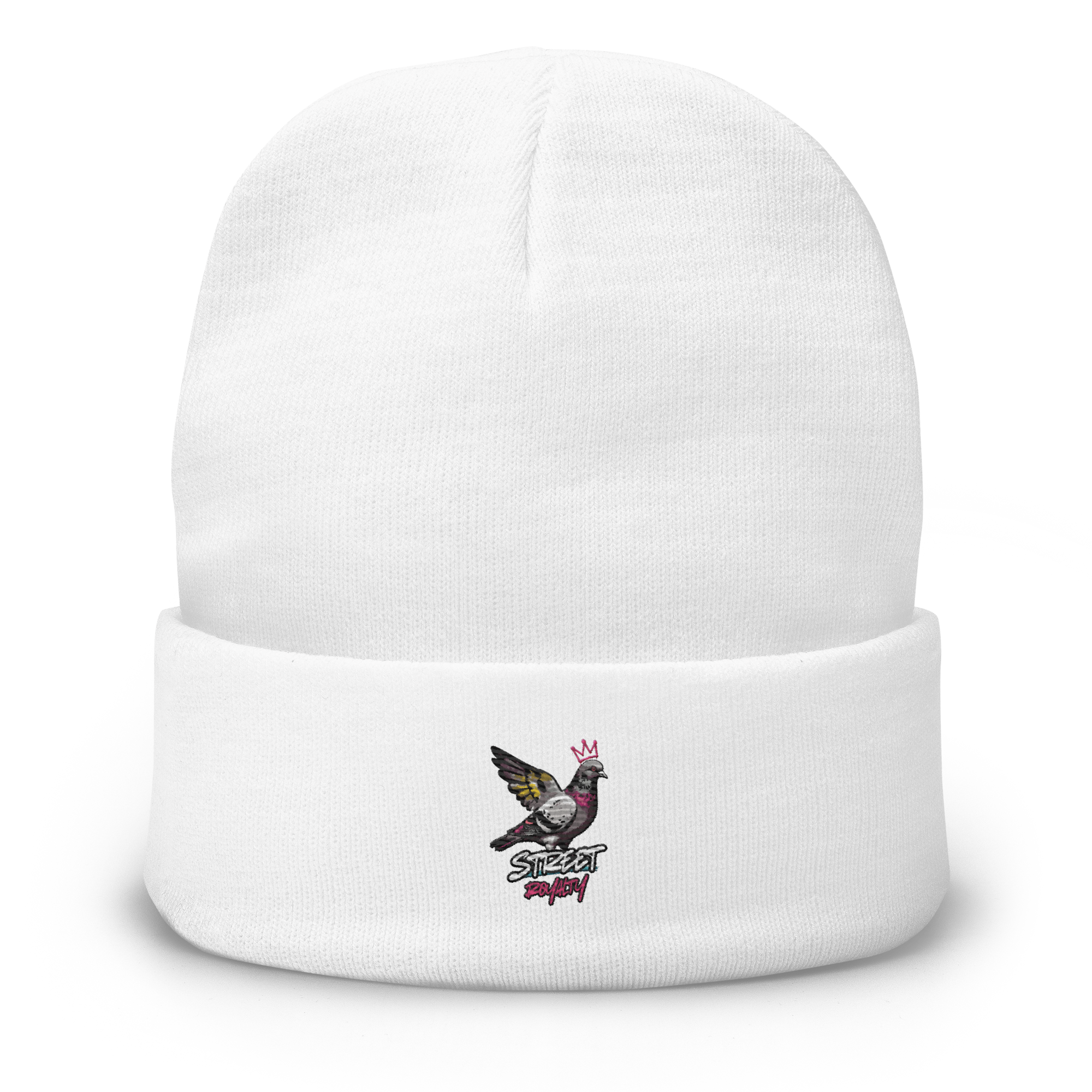 Street Royalty crowned pigeon embroidered on a white knit beanie, front view