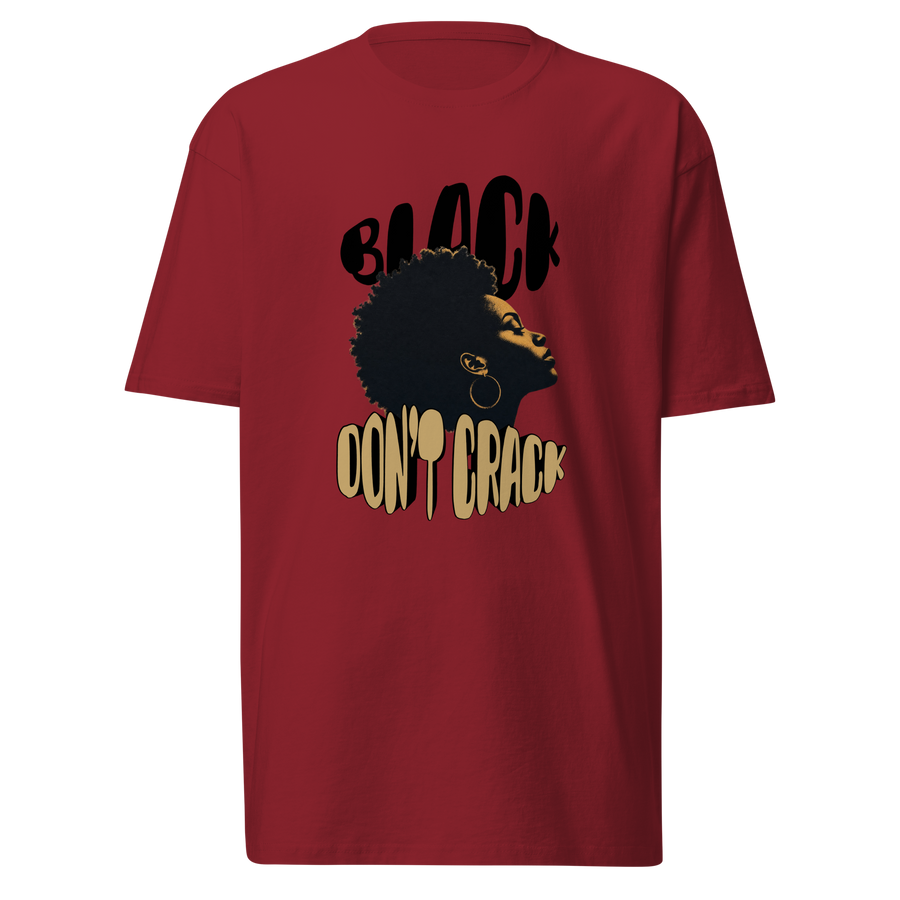 Black Don't Crack on a brick red heavyweight tee, front view