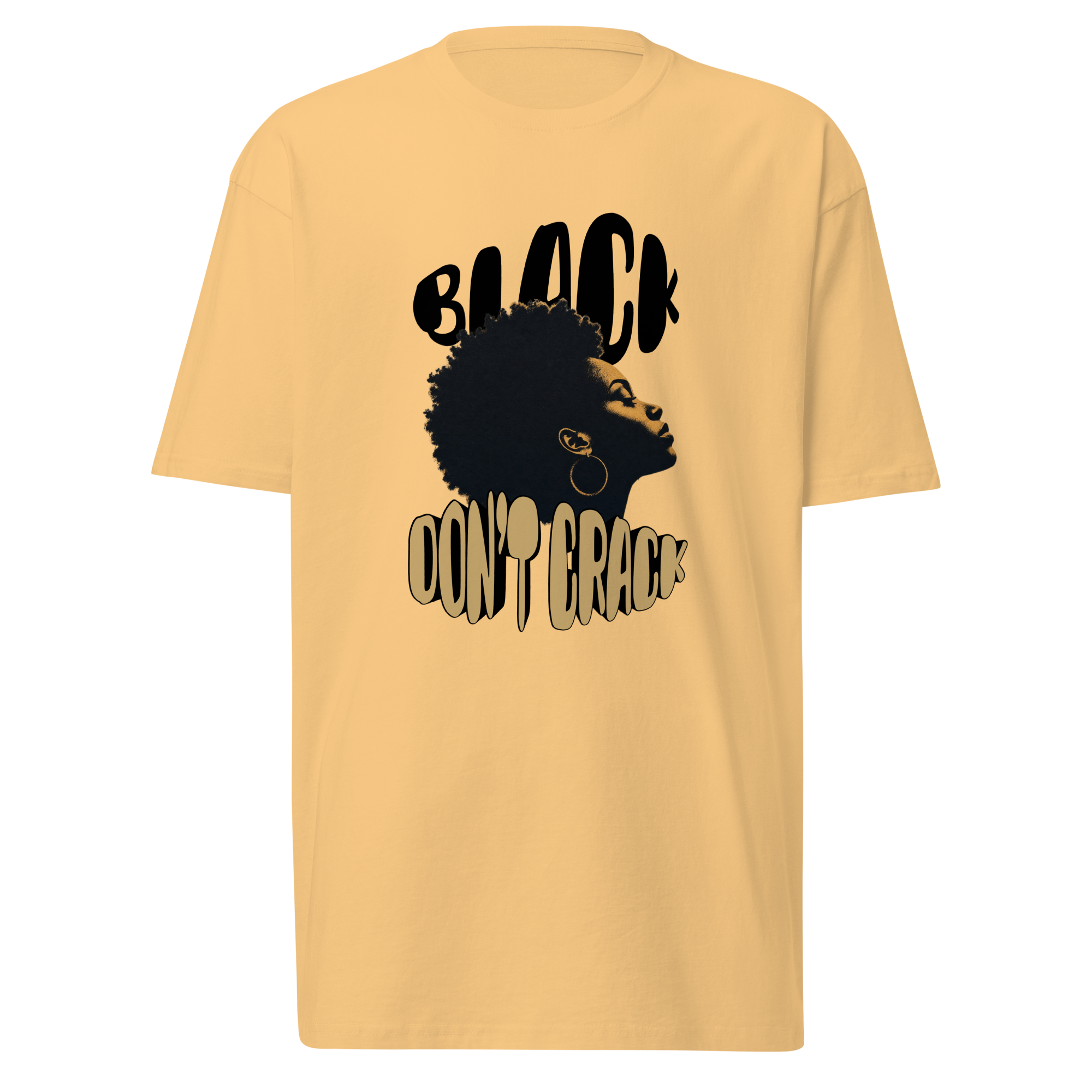 Black Don't Crack on a vintage gold heavyweight tee, front view