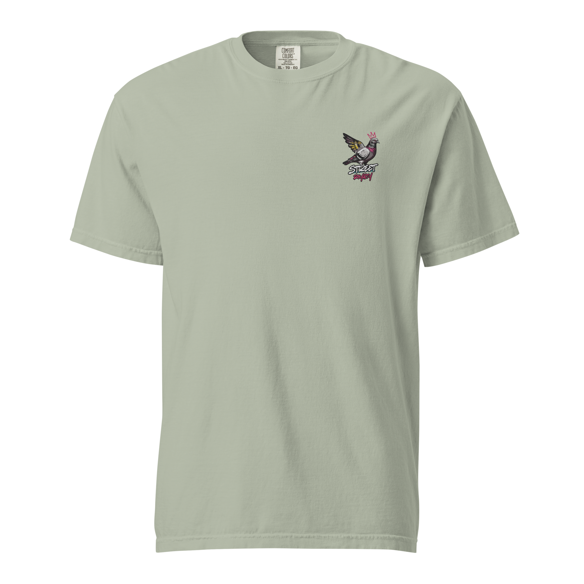 Street Royalty crowned pigeon graffiti print on a bay garment-dyed heavyweight tee, front view
