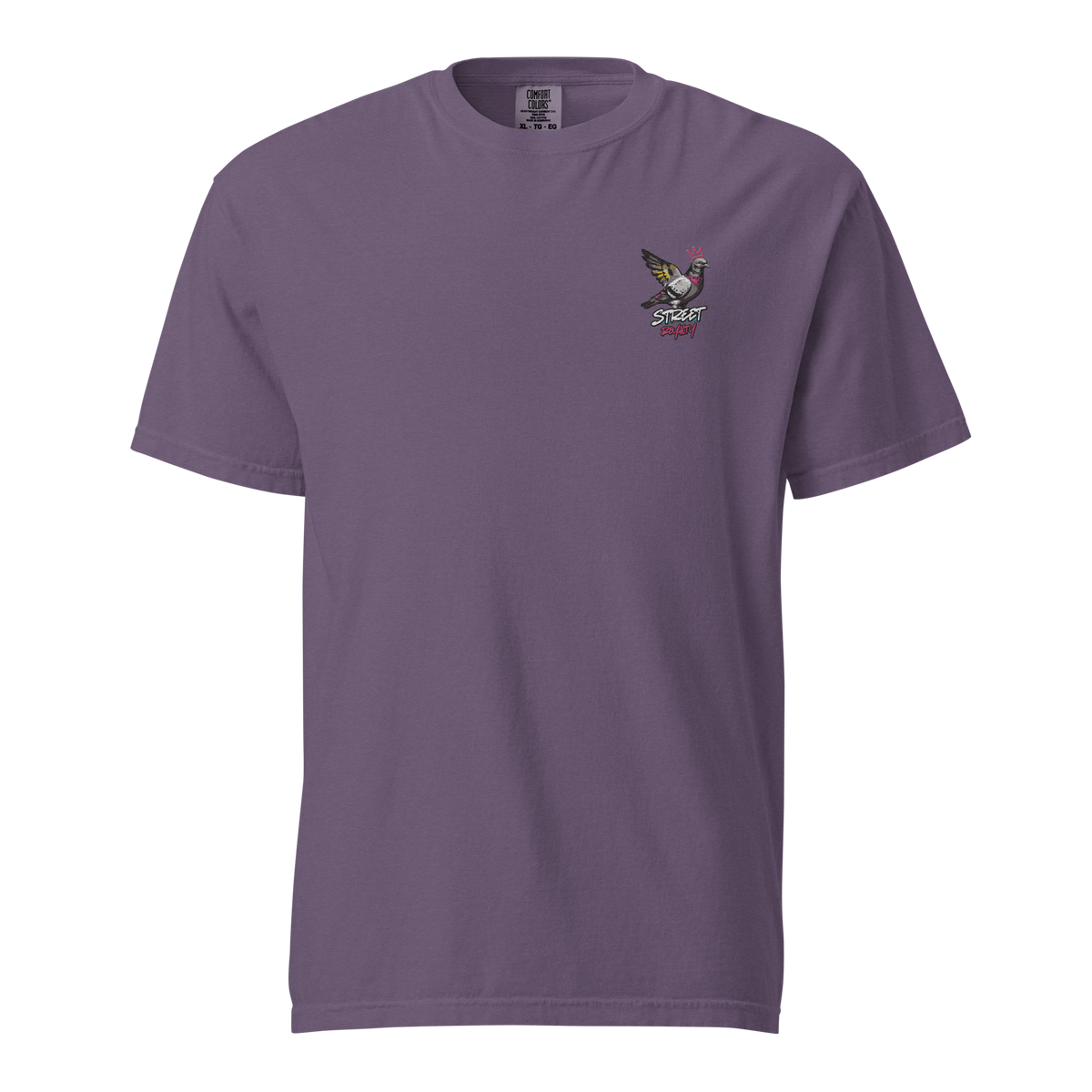 Street Royalty crowned pigeon graffiti print on a grape garment-dyed heavyweight tee, front view