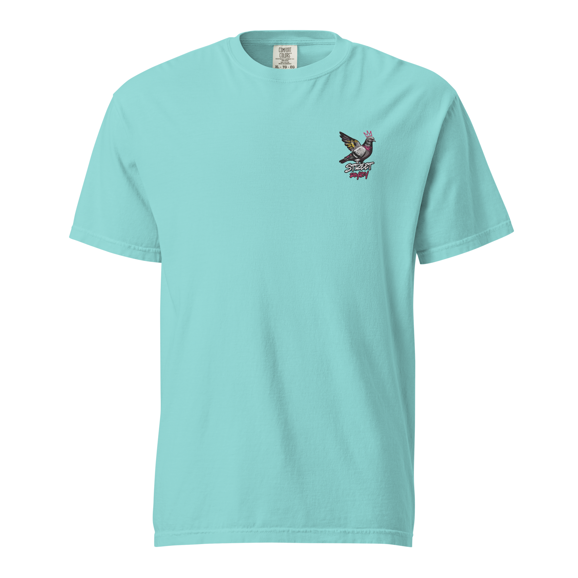 Street Royalty crowned pigeon graffiti print on a lagoon blue garment-dyed heavyweight tee, front view