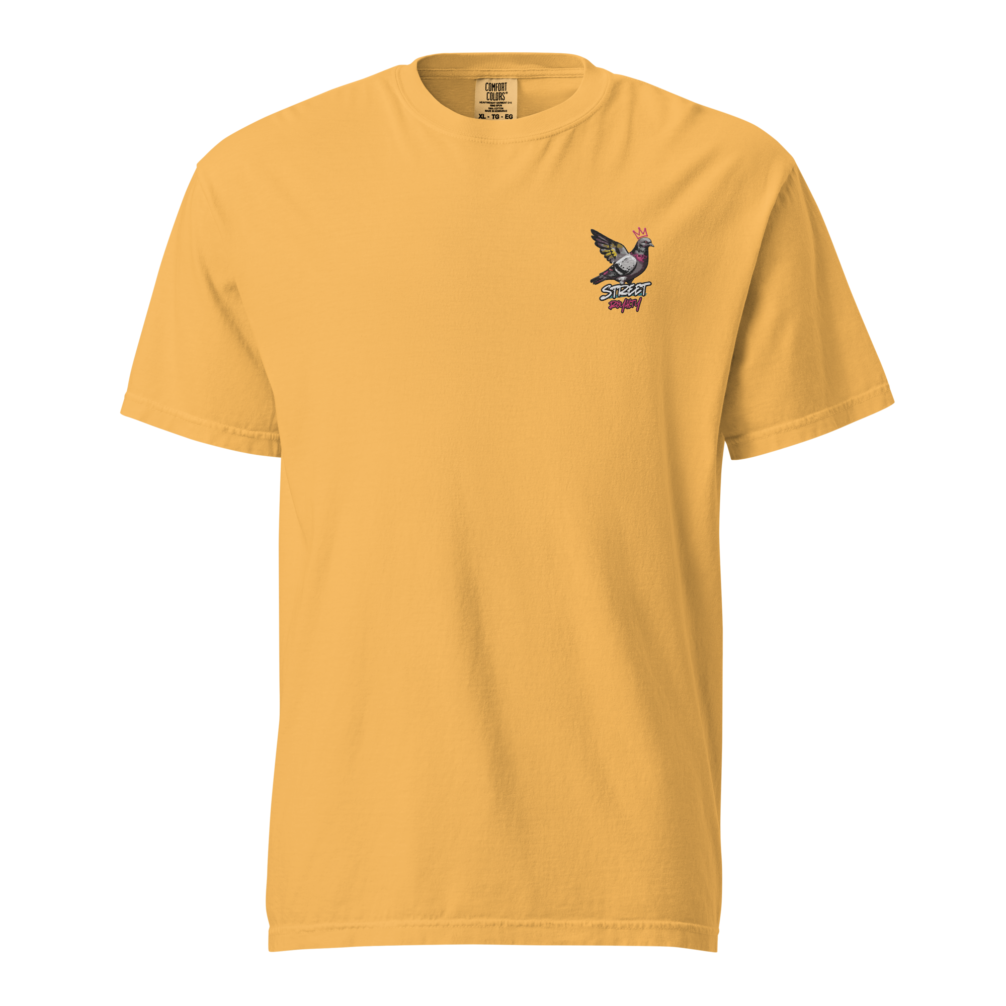 Street Royalty crowned pigeon graffiti print on a mustard garment-dyed heavyweight tee, front view