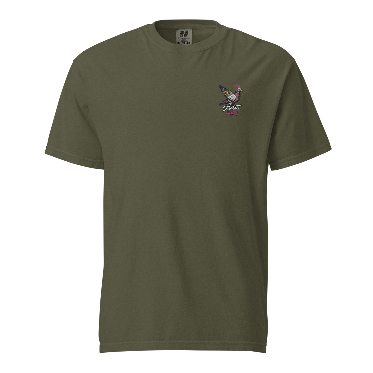 Street Royalty crowned pigeon graffiti print on a sage garment-dyed heavyweight tee, front view