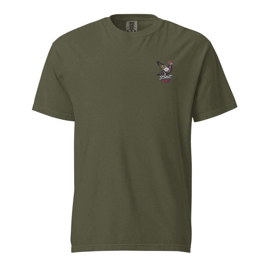 Street Royalty crowned pigeon graffiti print on a sage garment-dyed heavyweight tee, front view
