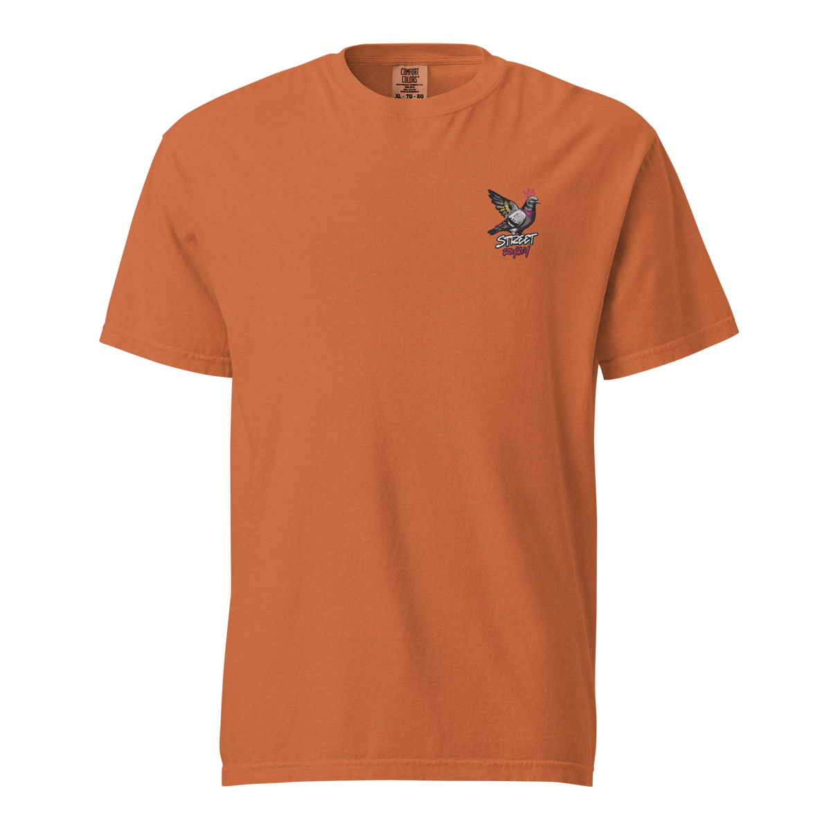 Street Royalty crowned pigeon graffiti print on a yam garment-dyed heavyweight tee, front view