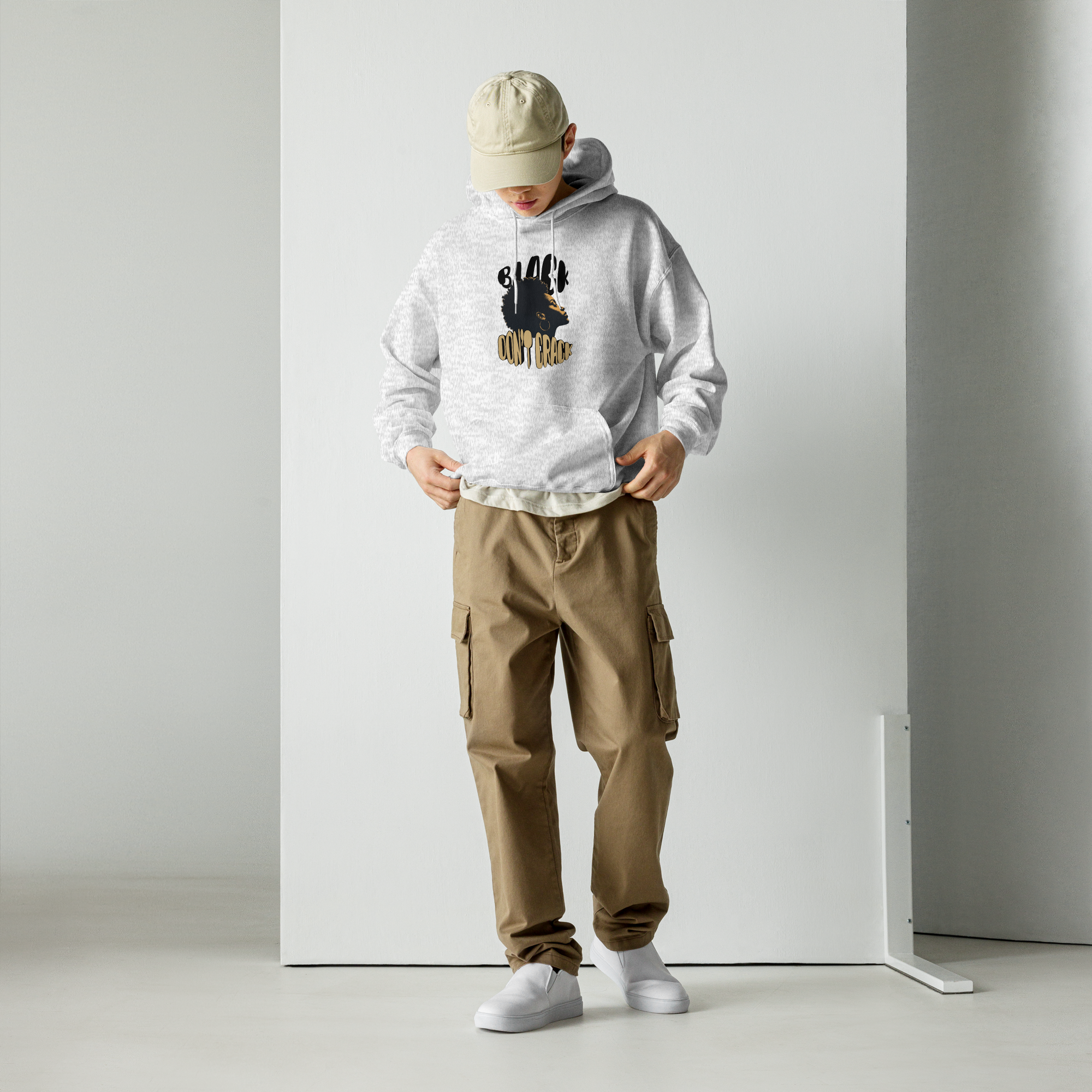 Black Don't Crack on an ash hoodie, front view