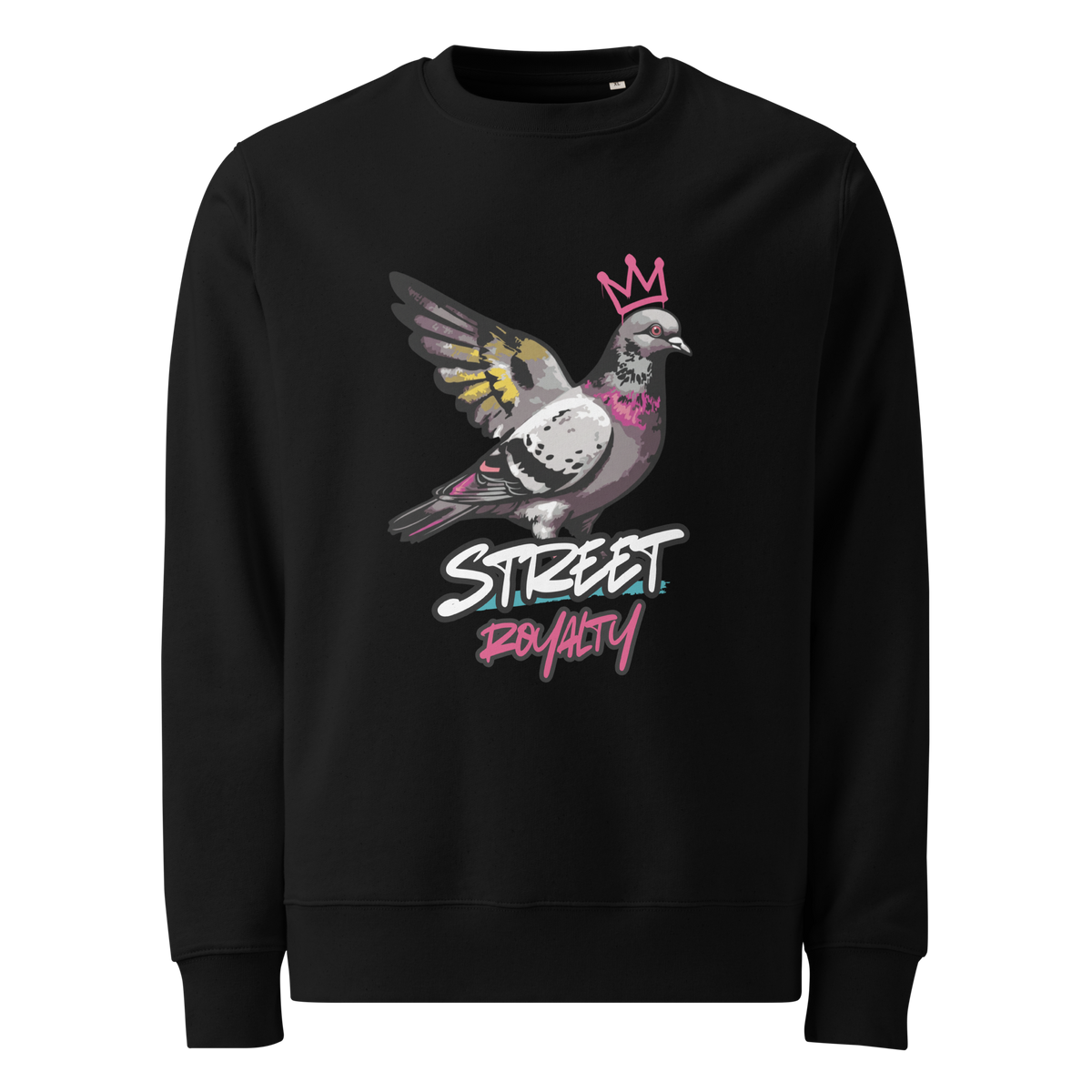 Street Royalty crowned pigeon graffiti print on a black organic cotton sweatshirt, front view