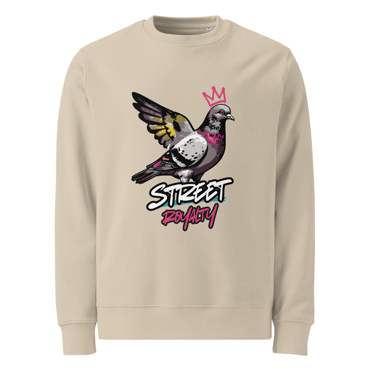 Street Royalty crowned pigeon graffiti print on a desert dust organic cotton sweatshirt, front view