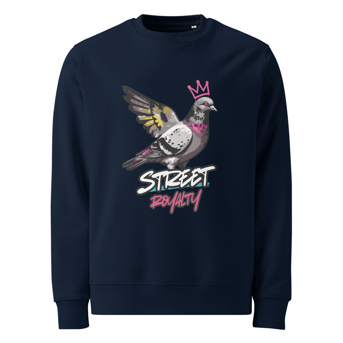 Street Royalty crowned pigeon graffiti print on a French navy organic cotton sweatshirt, front view