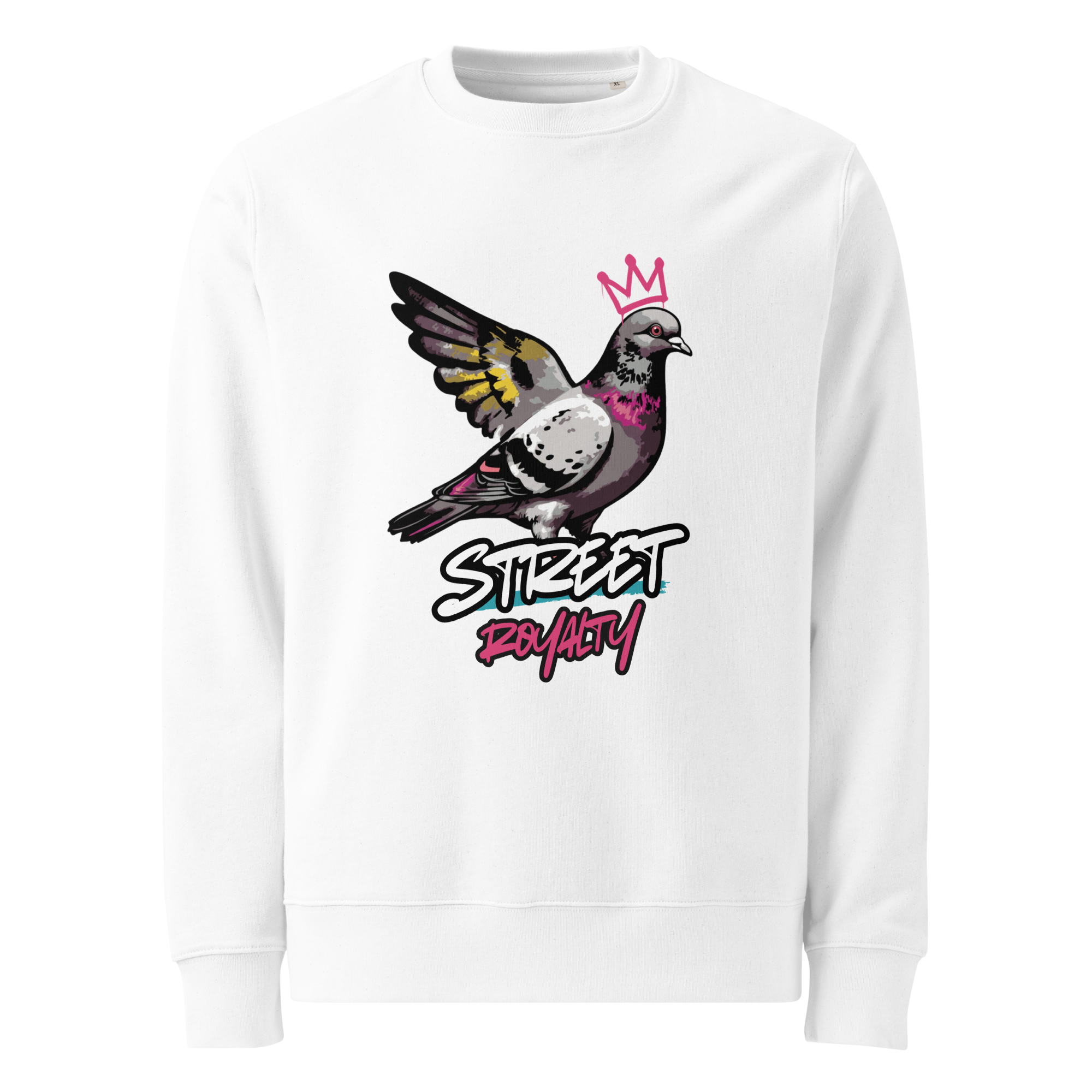 Street Royalty crowned pigeon graffiti print on a white organic cotton sweatshirt, front view
