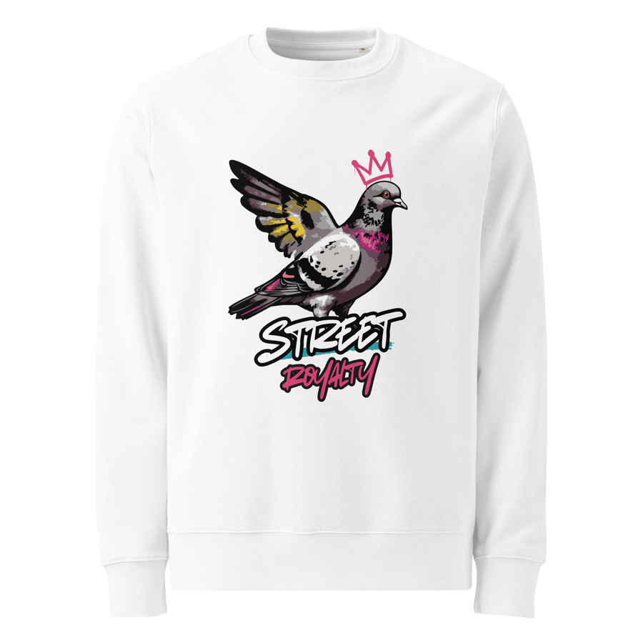 Street Royalty crowned pigeon graffiti print on a white organic cotton sweatshirt, front view