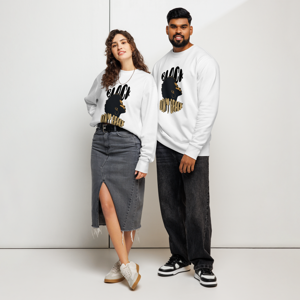Black Don't Crack on a white organic cotton sweatshirt, front view