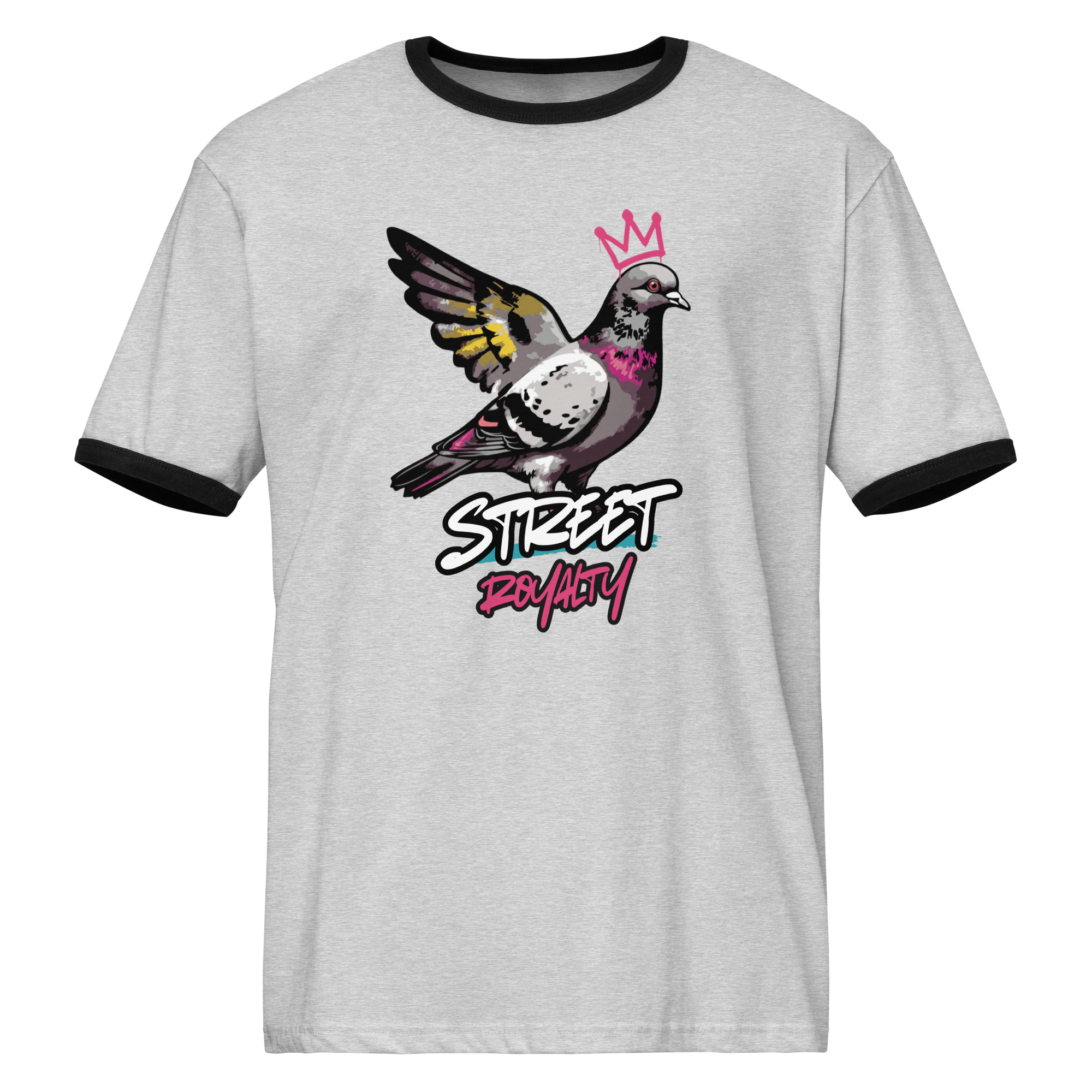 Street Royalty crowned pigeon graffiti print on a heather gray ringer tee with black trim, front view