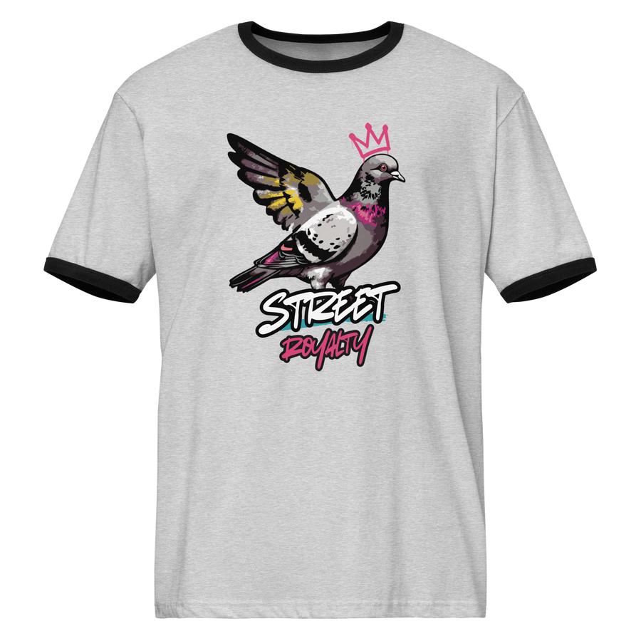 Street Royalty crowned pigeon graffiti print on a heather gray ringer tee with black trim, front view