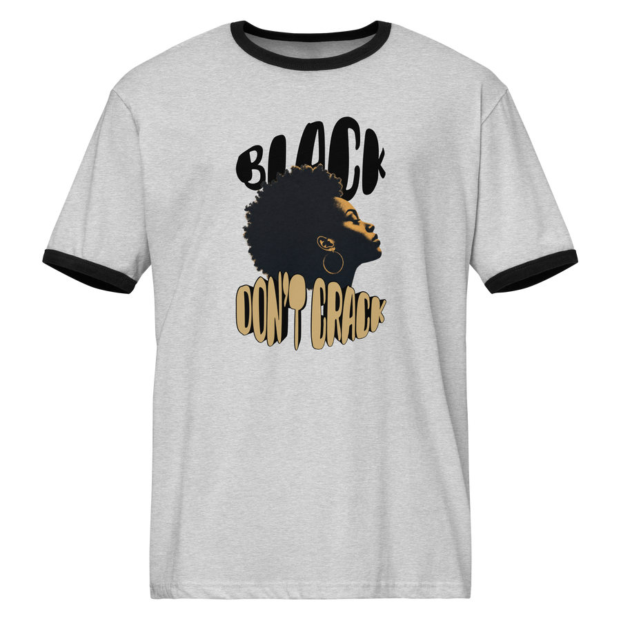 Black Don't Crack on a heather gray and black ringer tee, front view