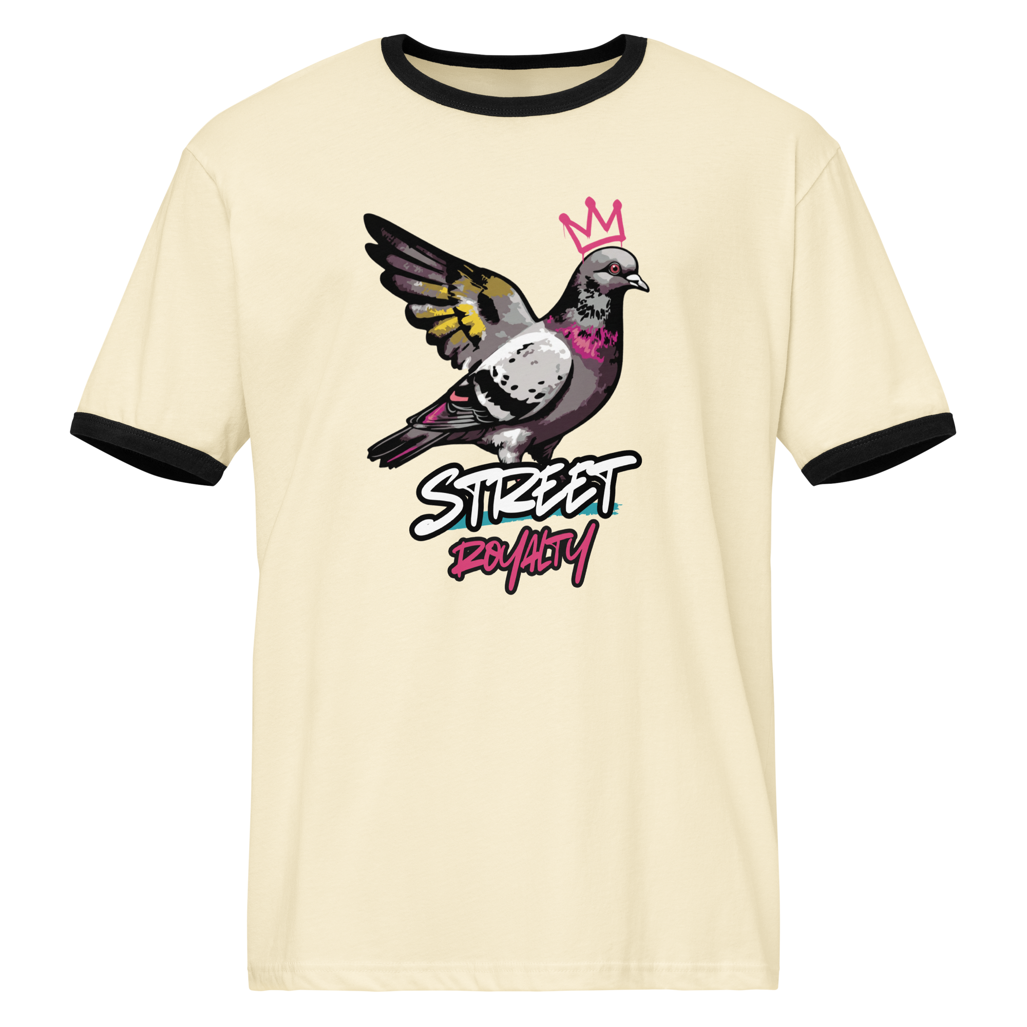 Street Royalty crowned pigeon graffiti print on a natural ringer tee with black trim, front view