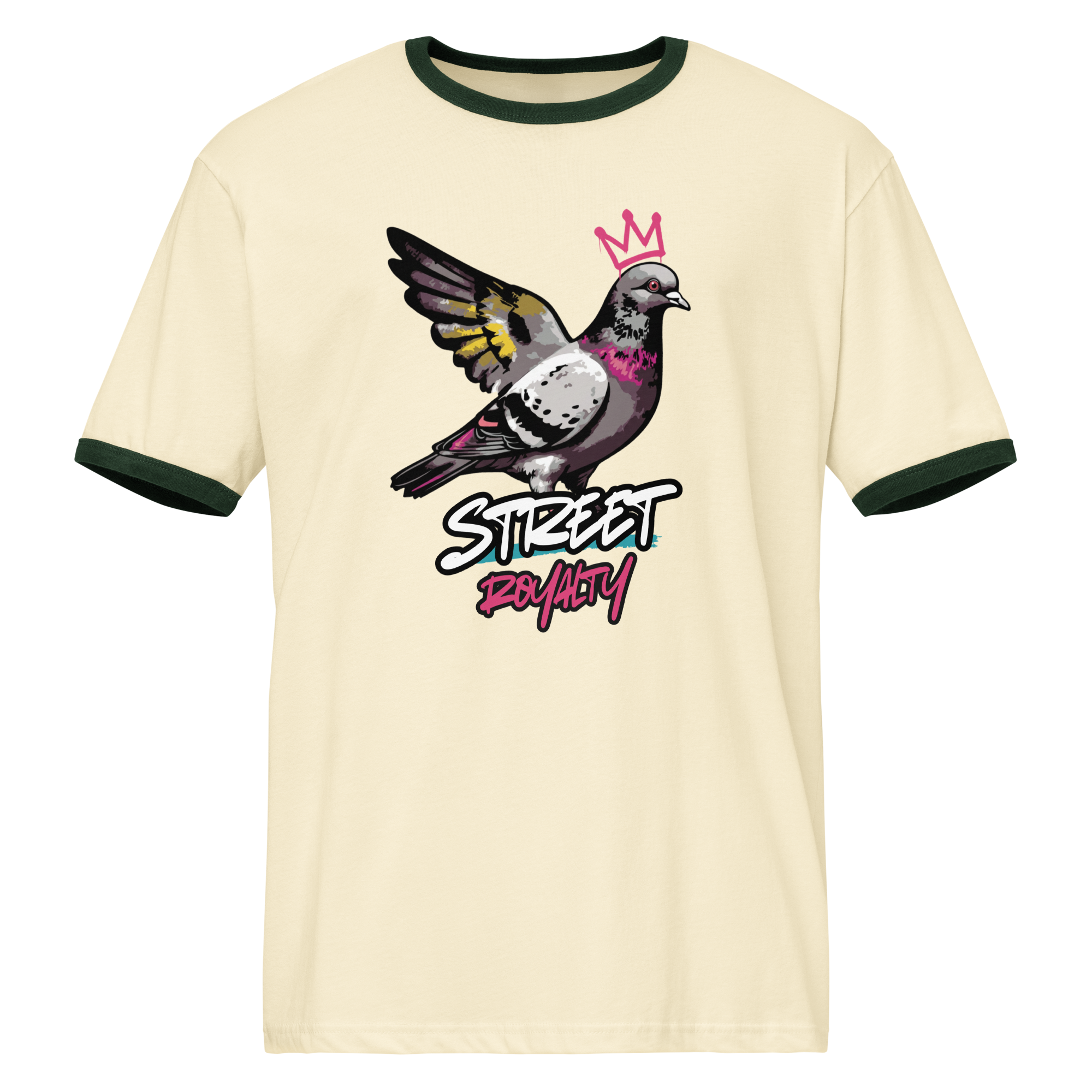Street Royalty crowned pigeon graffiti print on a natural ringer tee with forest green trim, front view