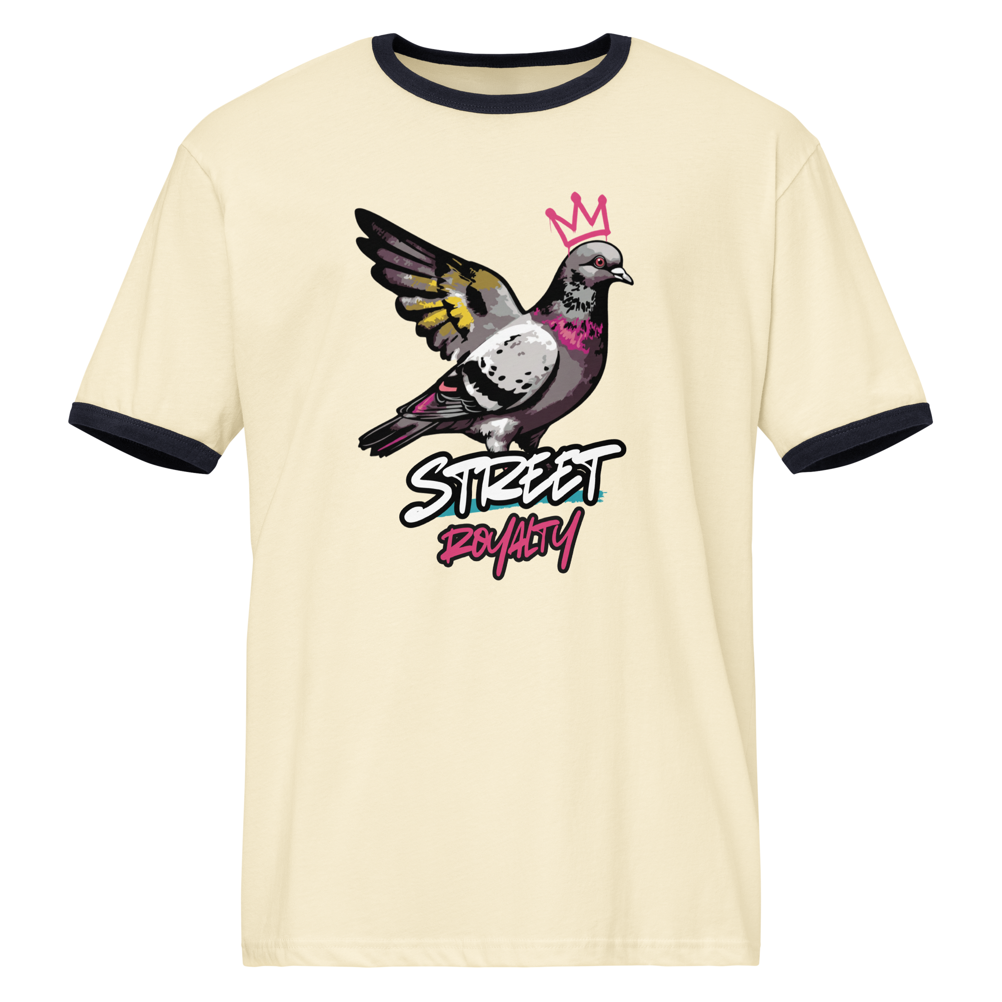 Street Royalty crowned pigeon graffiti print on a natural ringer tee with midnight navy trim, front view