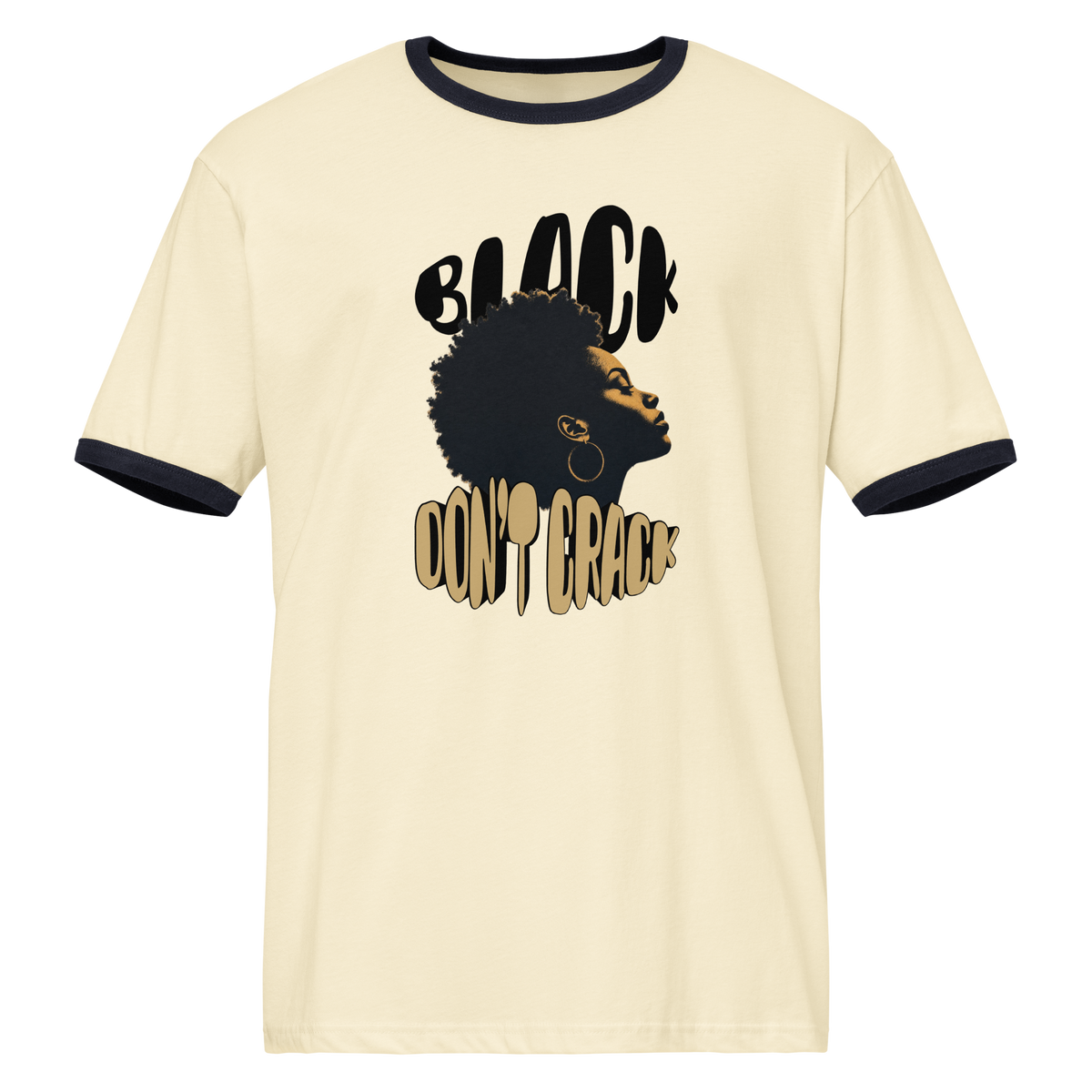 Black Don't Crack on a natural and midnight navy ringer tee, front view