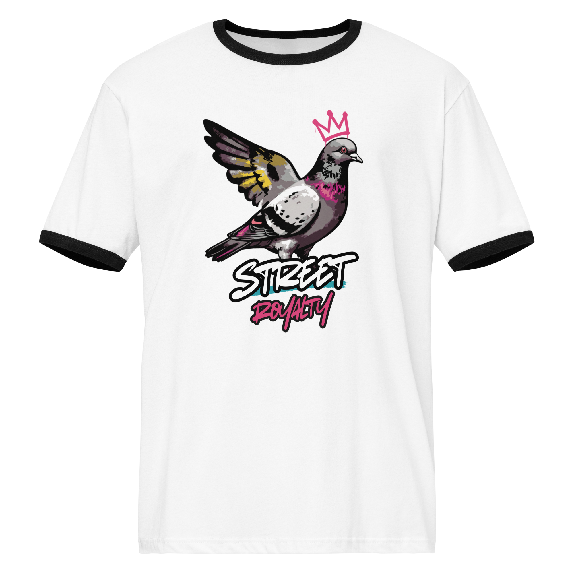 Street Royalty crowned pigeon graffiti print on a white ringer tee with black trim, front view