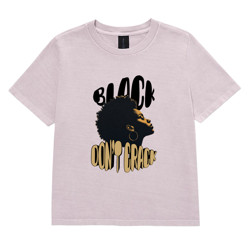 Black Don't Crack on a washed lavender garment-dyed tee, front view