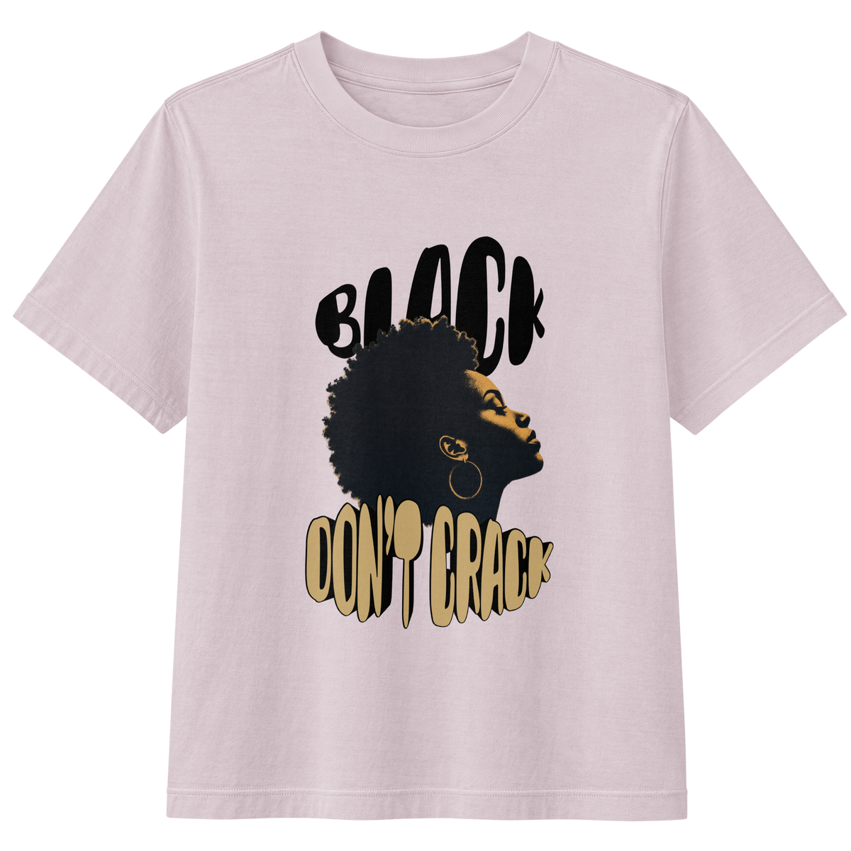 Black Don't Crack on a washed lavender garment-dyed tee, front view