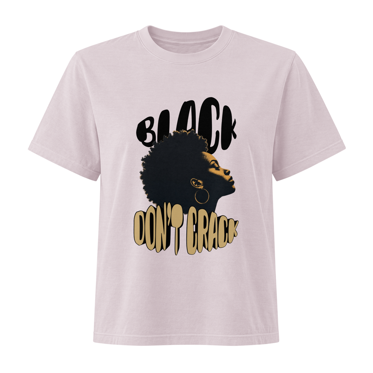 Black Don't Crack on a washed lavender garment-dyed tee, front view
