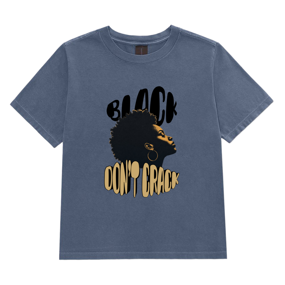 Black Don't Crack on a washed navy garment-dyed tee, front view