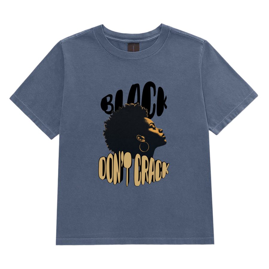 Black Don't Crack on a washed navy garment-dyed tee, front view