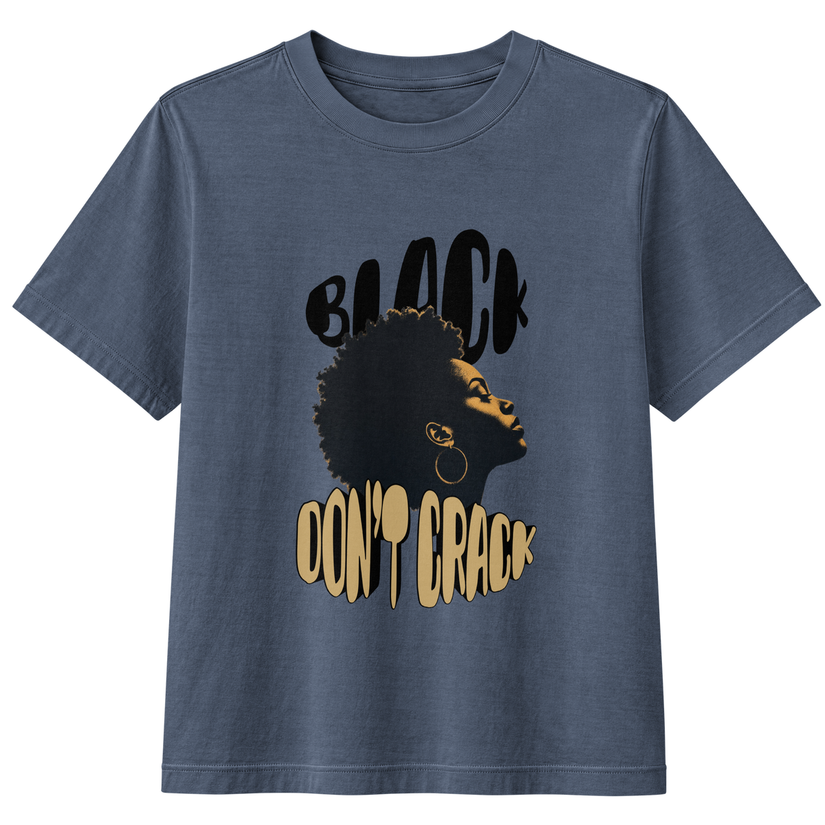 Black Don't Crack on a washed navy garment-dyed tee, front view