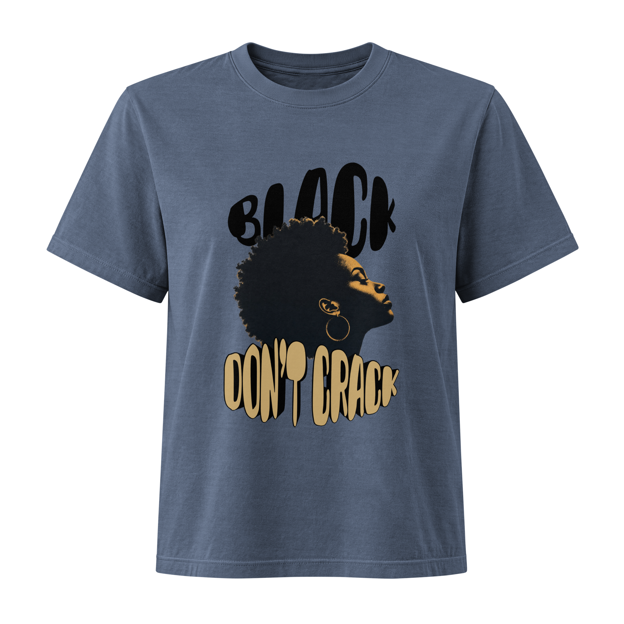 Black Don't Crack on a washed navy garment-dyed tee, front view